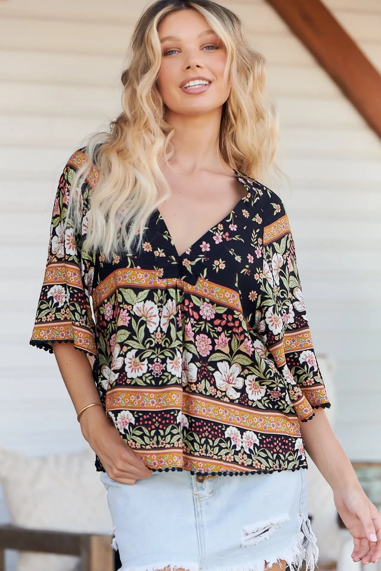 Gabriella Top - Mandarin Collar Deep V Neck Crochet Trim Top in Eternity Print>Jaase New