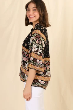 Gabriella Top - Mandarin Collar Deep V Neck Crochet Trim Top in Eternity Print><noscript><img width=