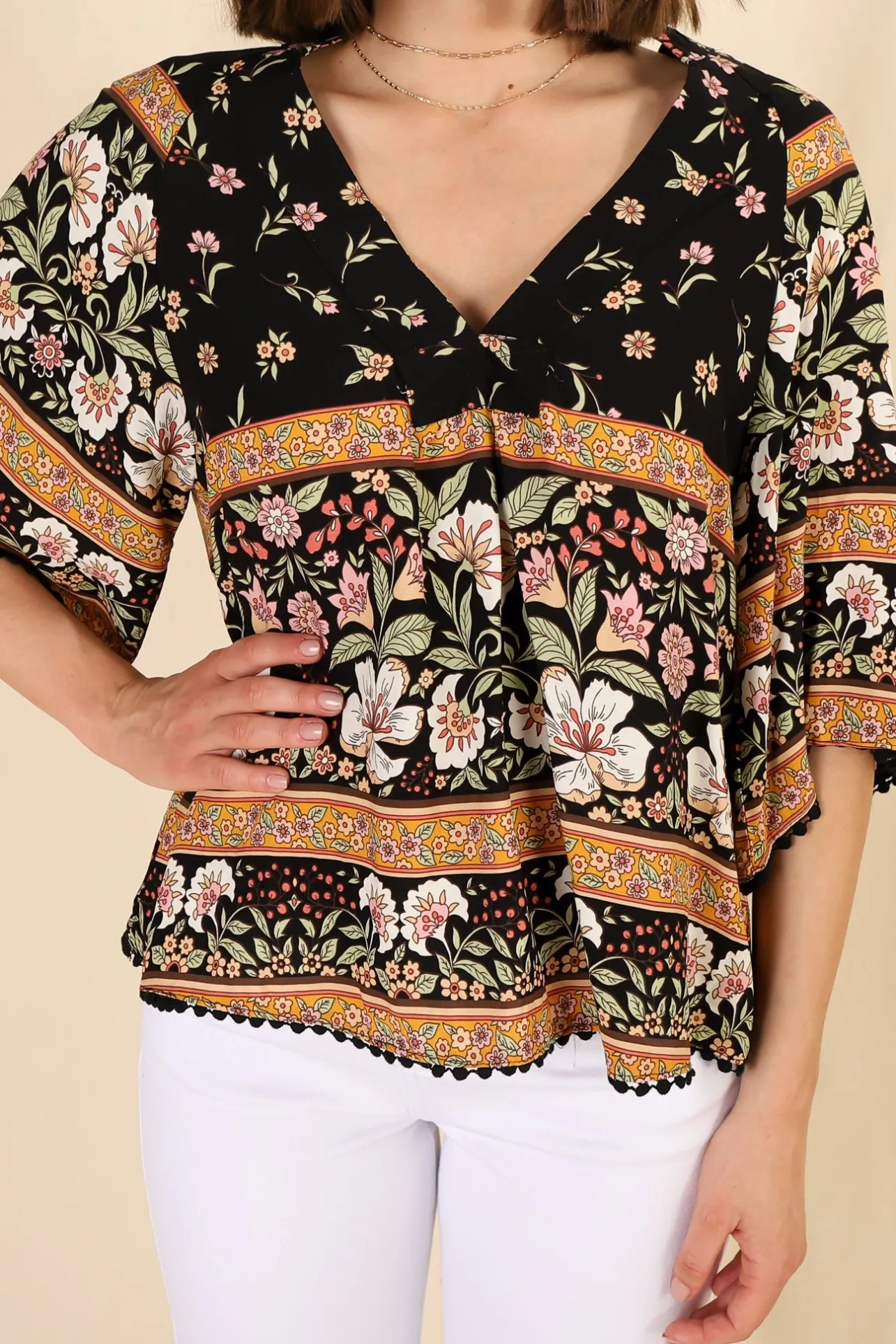 Gabriella Top - Mandarin Collar Deep V Neck Crochet Trim Top in Eternity Print>Jaase New