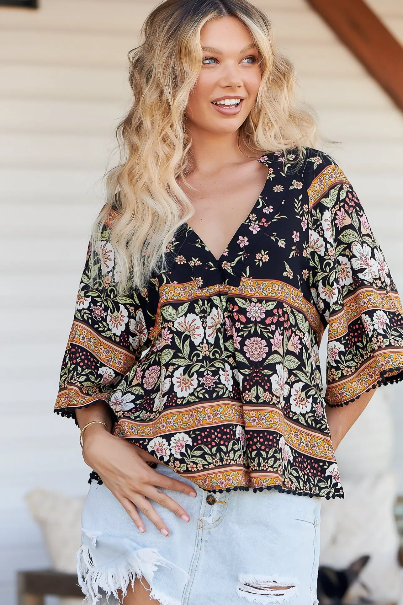 Gabriella Top - Mandarin Collar Deep V Neck Crochet Trim Top in Eternity Print>Jaase New