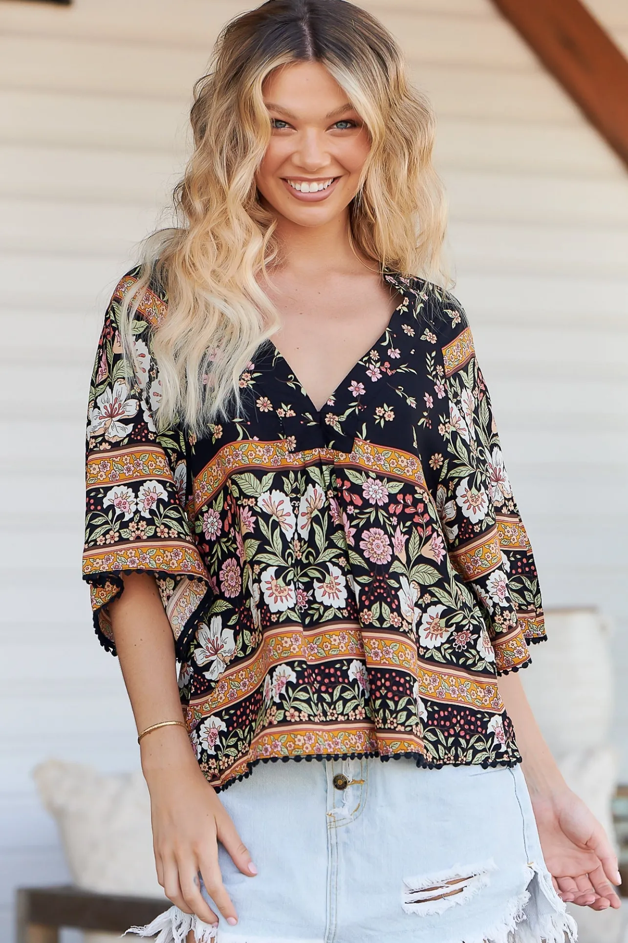 Gabriella Top - Mandarin Collar Deep V Neck Crochet Trim Top in Eternity Print>Jaase New