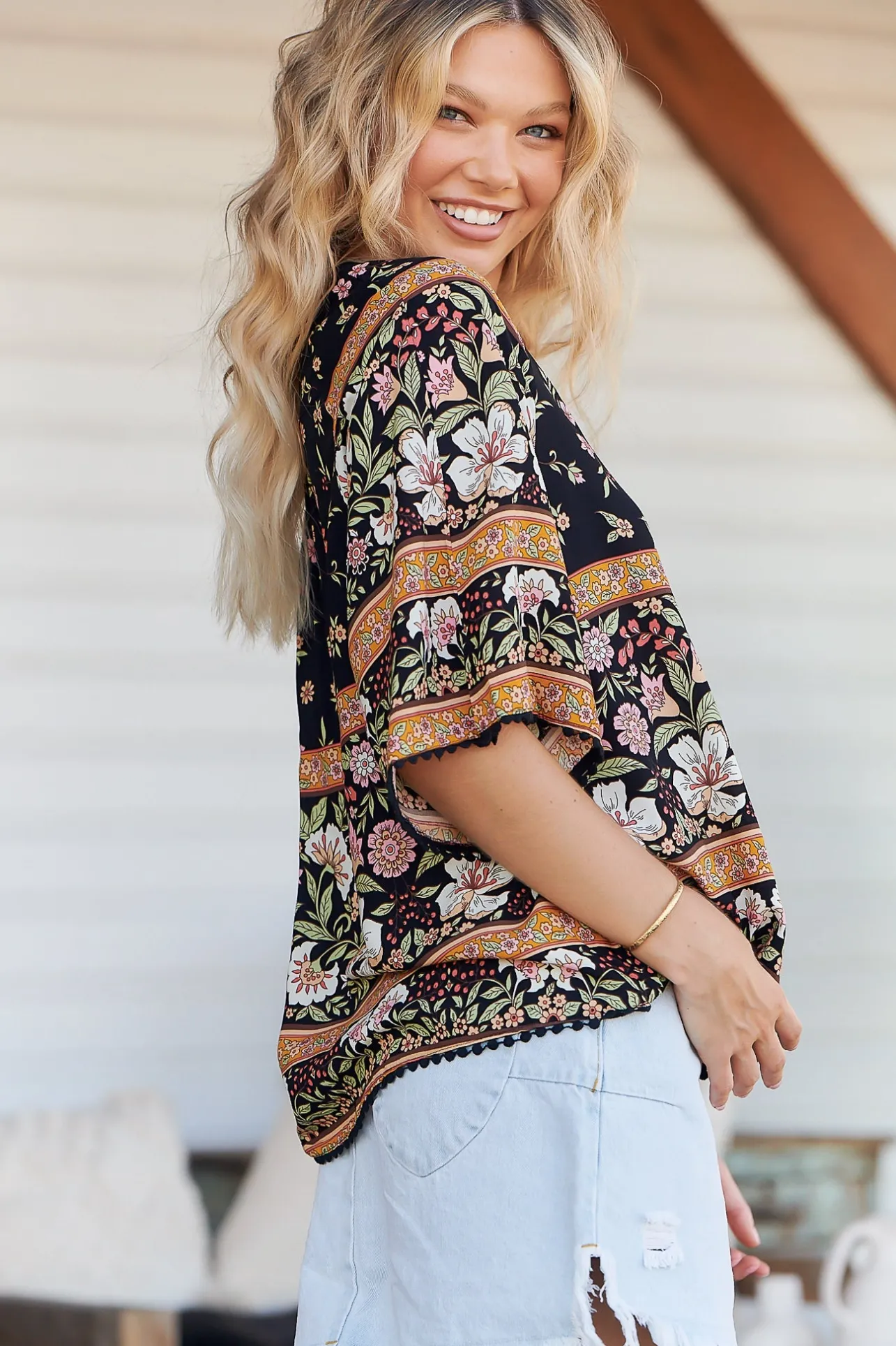 Gabriella Top - Mandarin Collar Deep V Neck Crochet Trim Top in Eternity Print>Jaase New