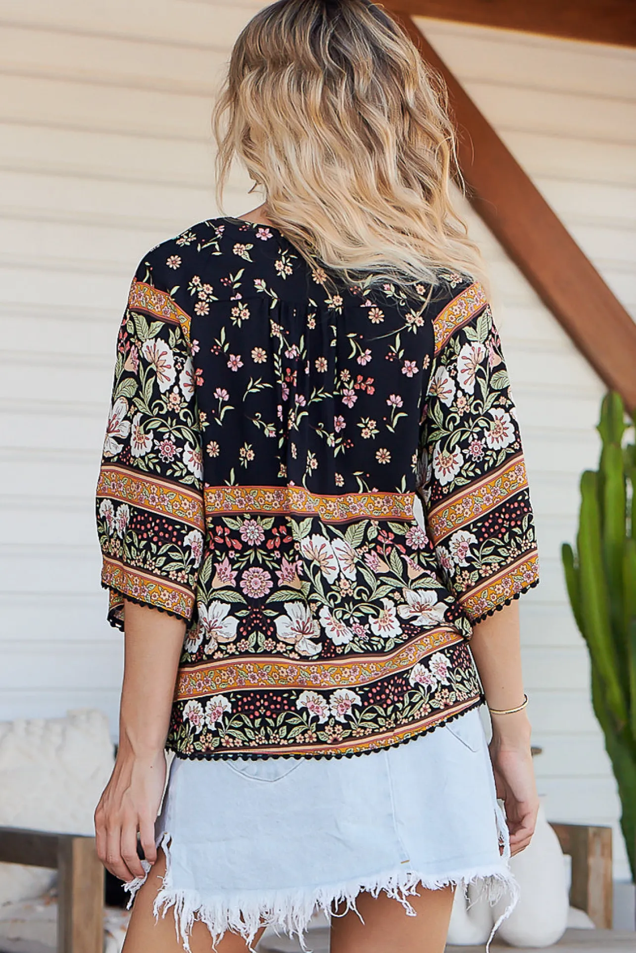 Gabriella Top - Mandarin Collar Deep V Neck Crochet Trim Top in Eternity Print>Jaase New