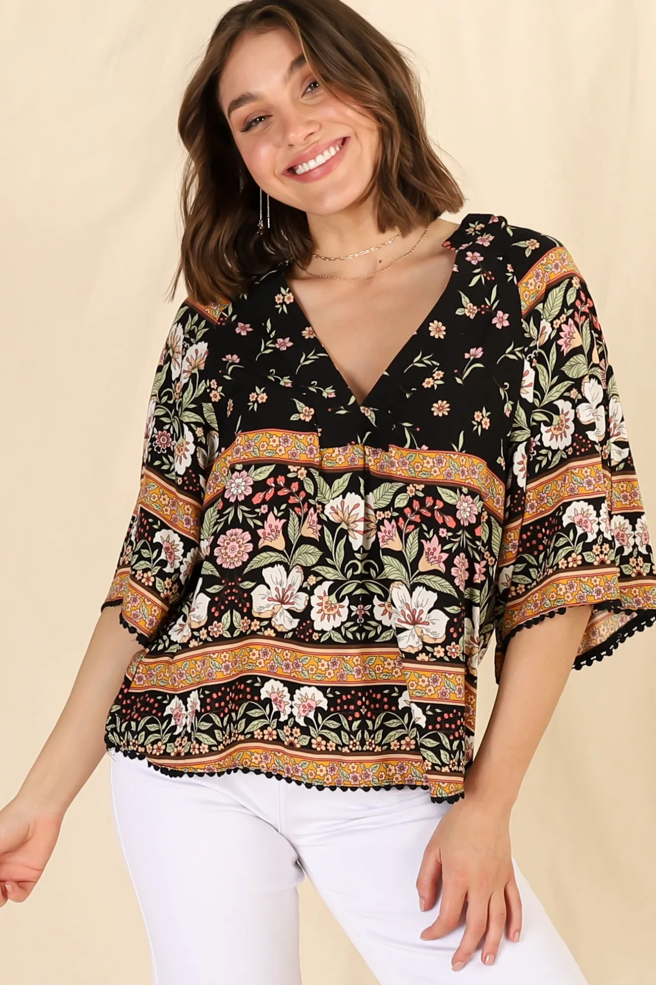 Gabriella Top - Mandarin Collar Deep V Neck Crochet Trim Top in Eternity Print>Jaase New
