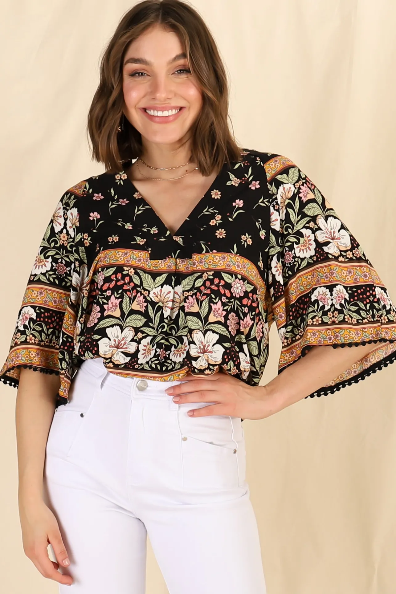 Gabriella Top - Mandarin Collar Deep V Neck Crochet Trim Top in Eternity Print>Jaase New