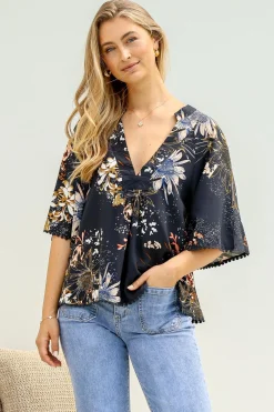 Gabriella Top - Mandarin Collar Deep V Neck Crochet Trim Top in Indigo Print>Jaase Outlet