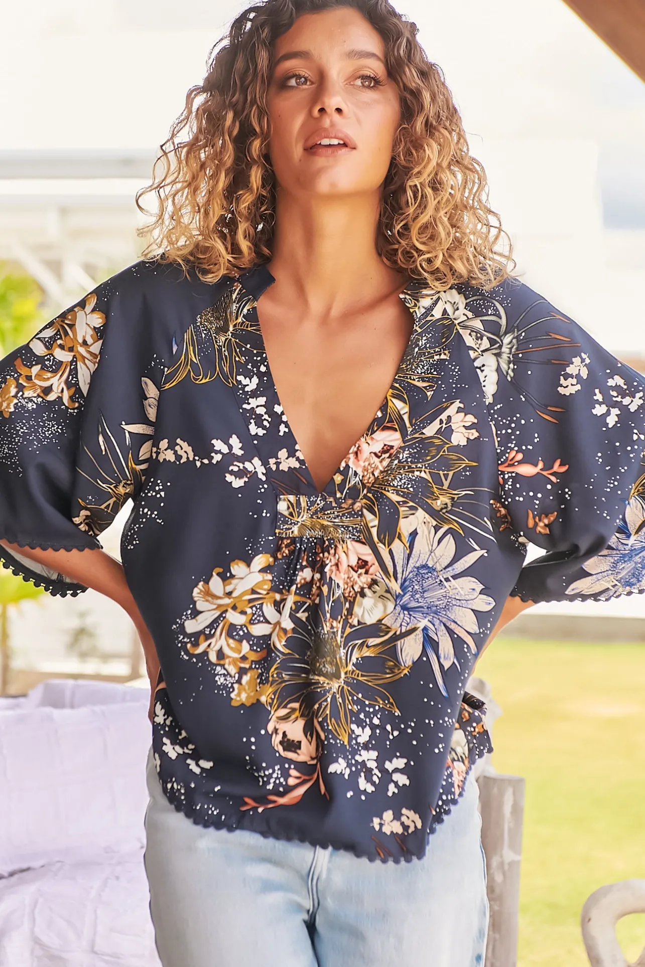 Gabriella Top - Mandarin Collar Deep V Neck Crochet Trim Top in Indigo Print>Jaase Outlet