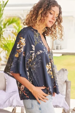 Gabriella Top - Mandarin Collar Deep V Neck Crochet Trim Top in Indigo Print><noscript><img width=