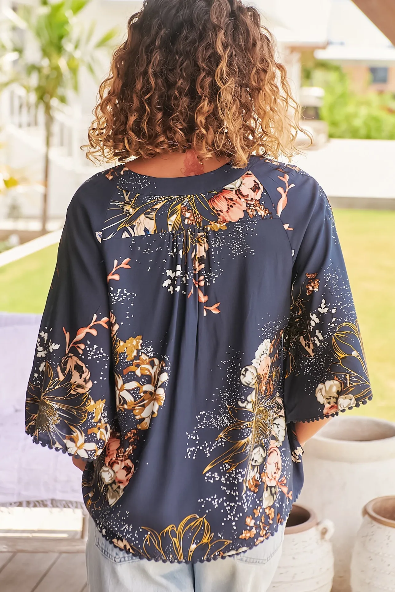 Gabriella Top - Mandarin Collar Deep V Neck Crochet Trim Top in Indigo Print>Jaase Outlet