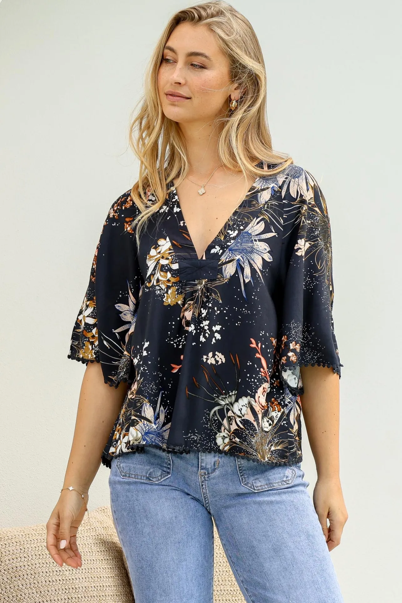 Gabriella Top - Mandarin Collar Deep V Neck Crochet Trim Top in Indigo Print>Jaase Outlet