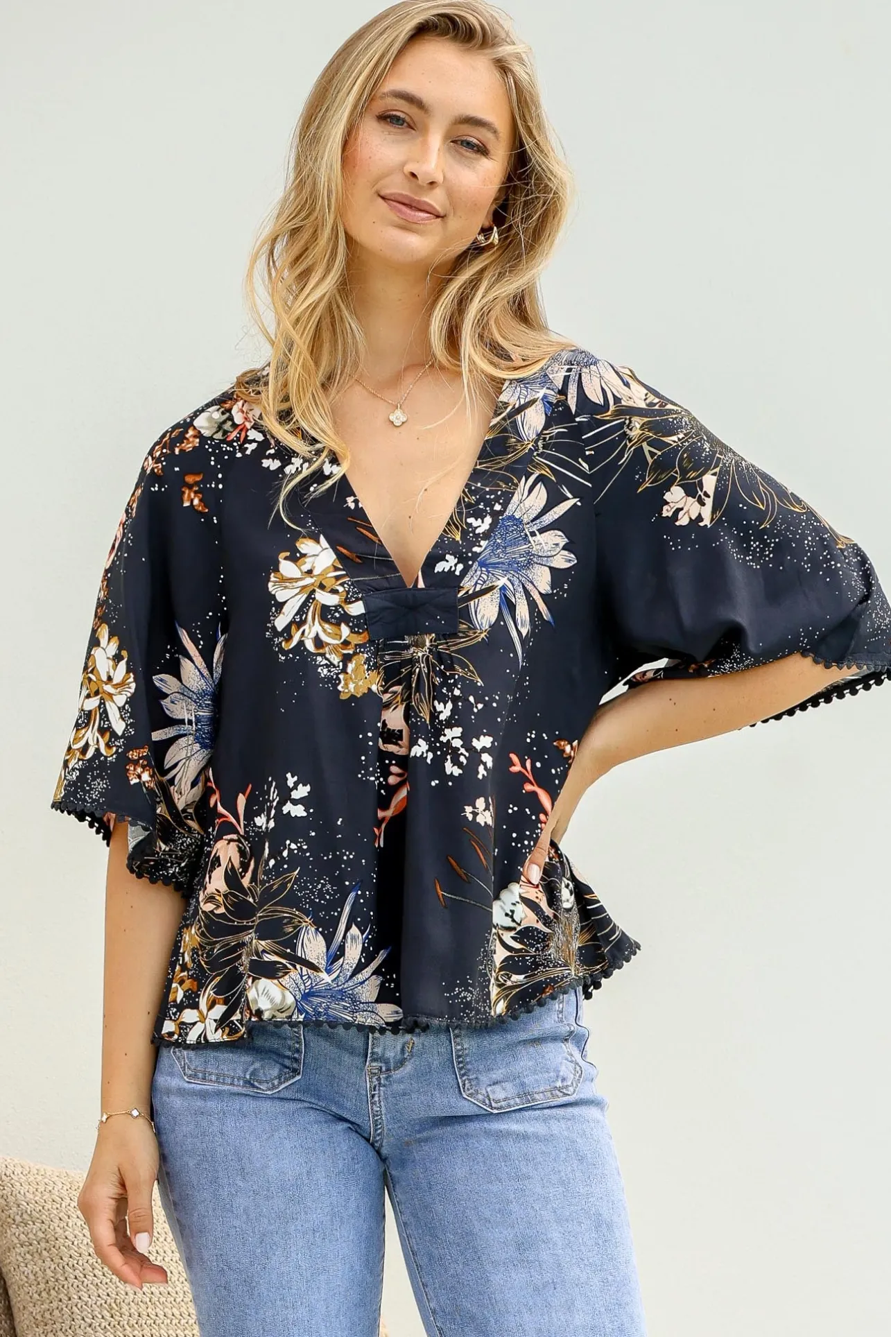 Gabriella Top - Mandarin Collar Deep V Neck Crochet Trim Top in Indigo Print>Jaase Outlet