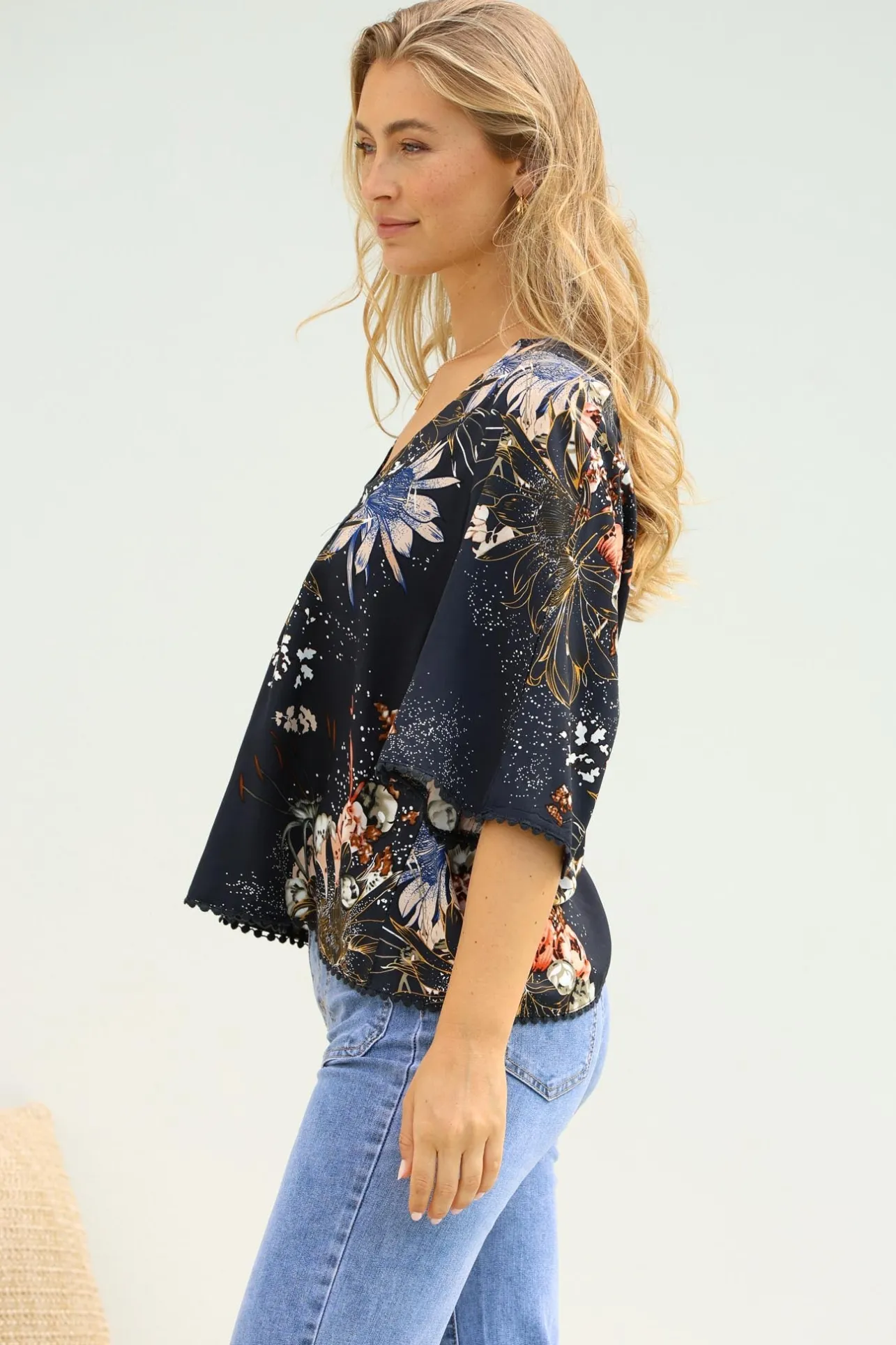 Gabriella Top - Mandarin Collar Deep V Neck Crochet Trim Top in Indigo Print>Jaase Outlet