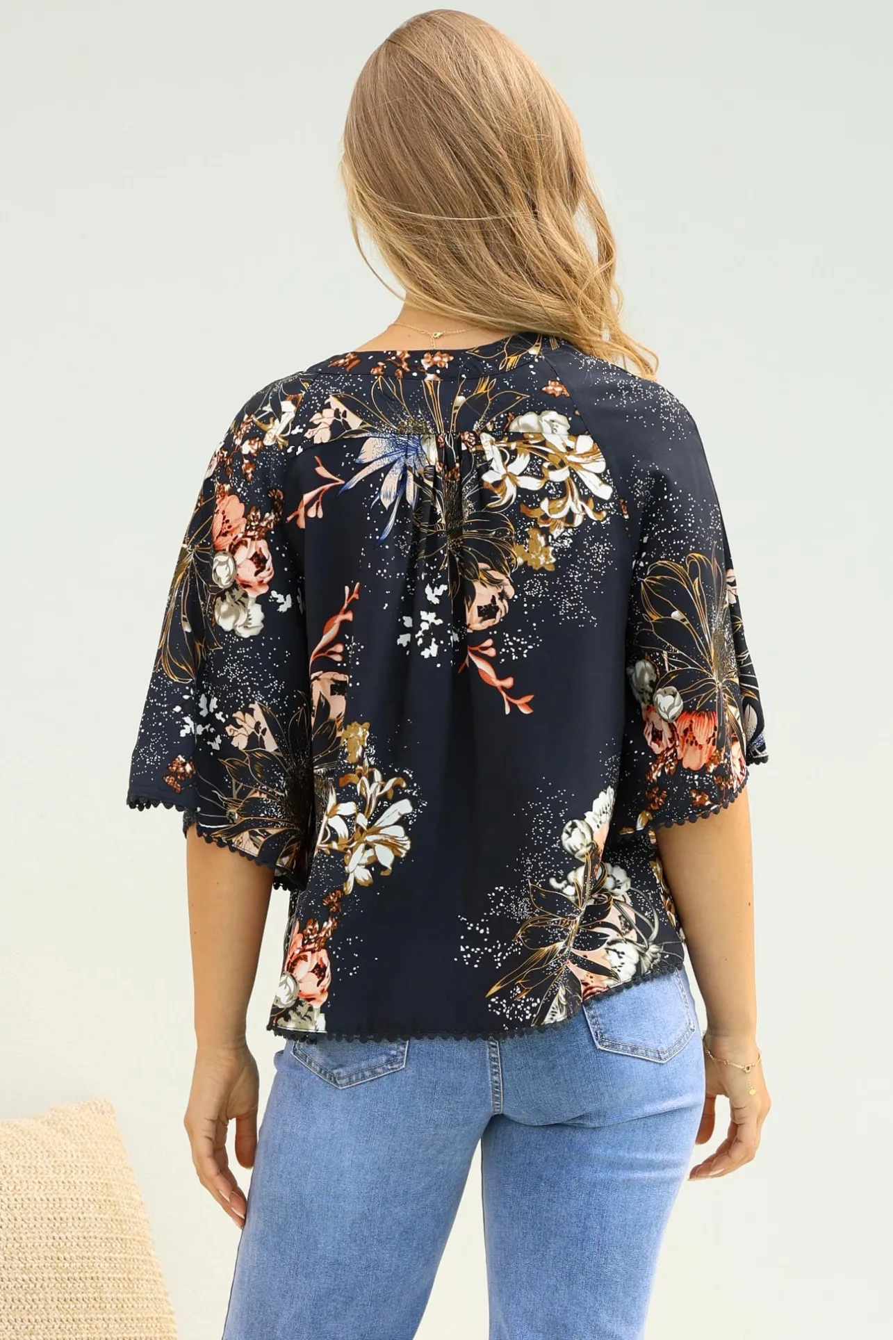 Gabriella Top - Mandarin Collar Deep V Neck Crochet Trim Top in Indigo Print>Jaase Outlet