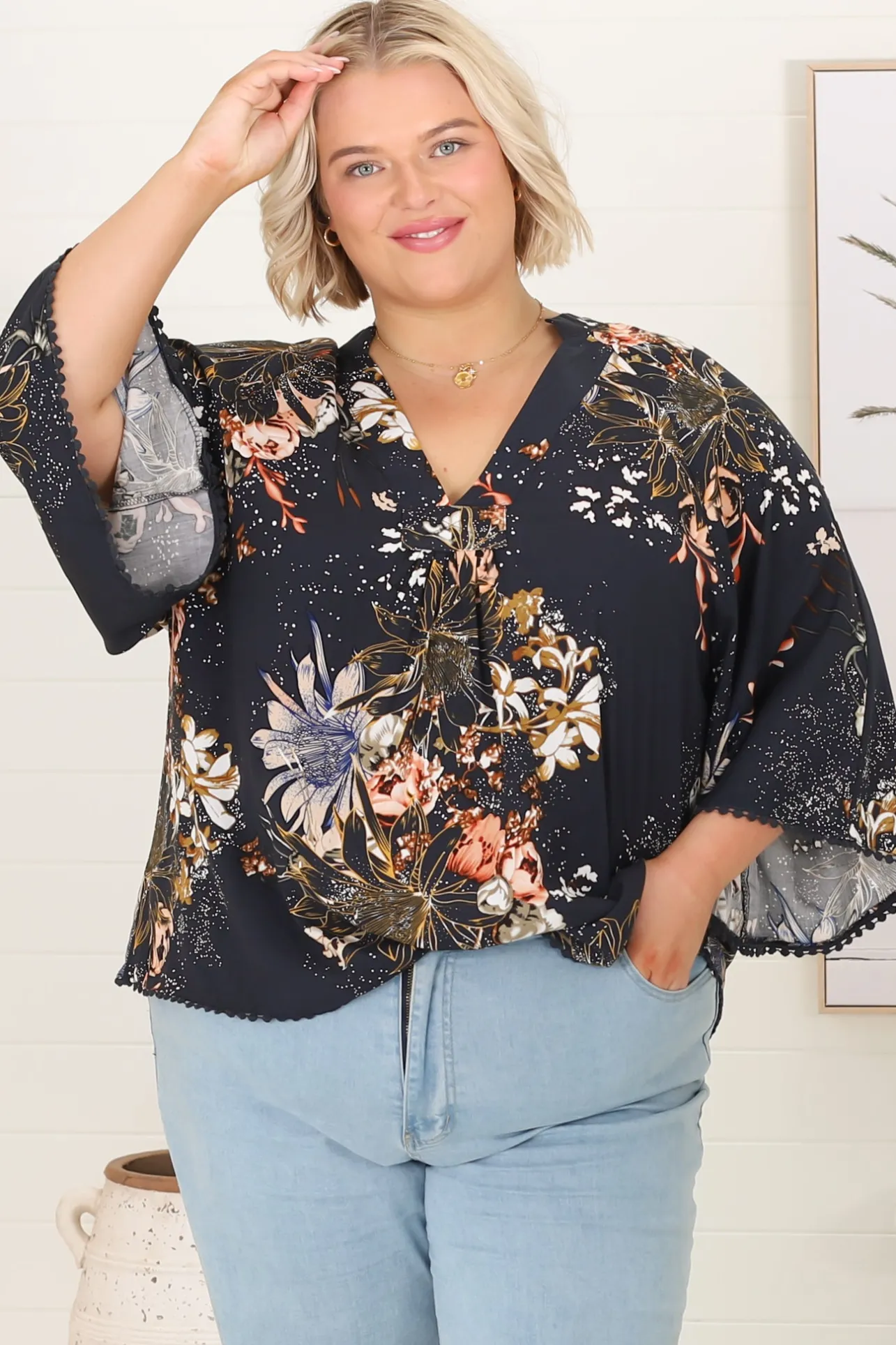 Gabriella Top - Mandarin Collar Deep V Neck Crochet Trim Top in Indigo Print>Jaase Outlet