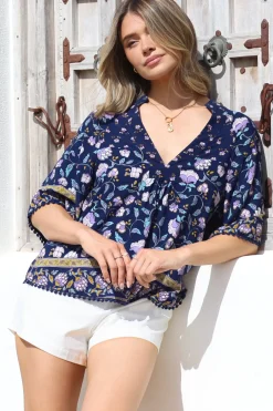 Gabriella Top - Mandarin Collar Deep V Neck Crochet Trim Top in Wild Indigo Print><noscript><img width=