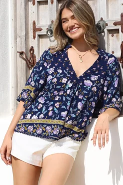 Gabriella Top - Mandarin Collar Deep V Neck Crochet Trim Top in Wild Indigo Print><noscript><img width=