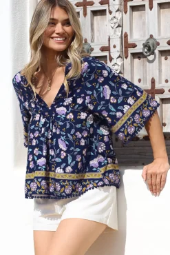 Gabriella Top - Mandarin Collar Deep V Neck Crochet Trim Top in Wild Indigo Print><noscript><img width=