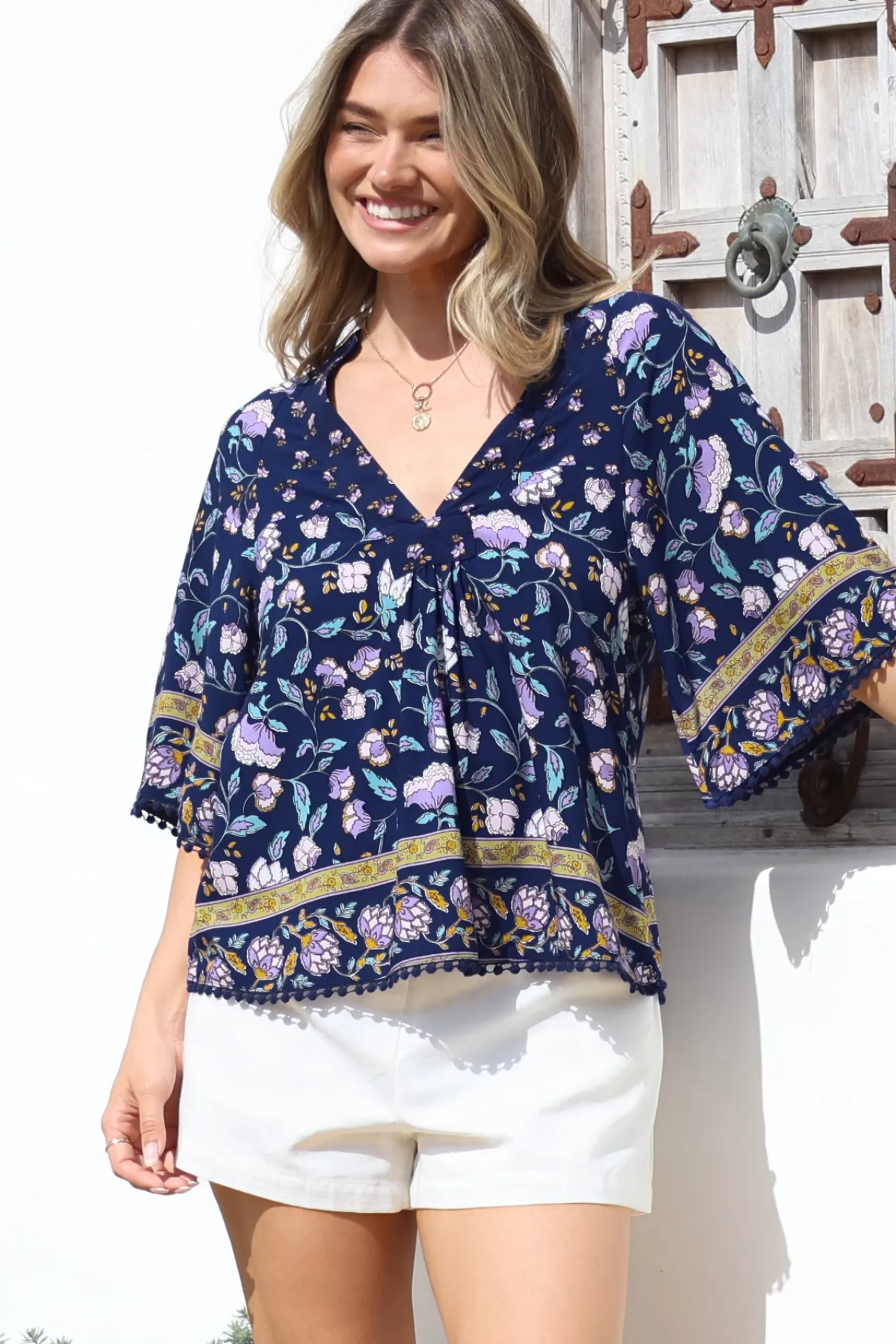 Gabriella Top - Mandarin Collar Deep V Neck Crochet Trim Top in Wild Indigo Print>Jaase
