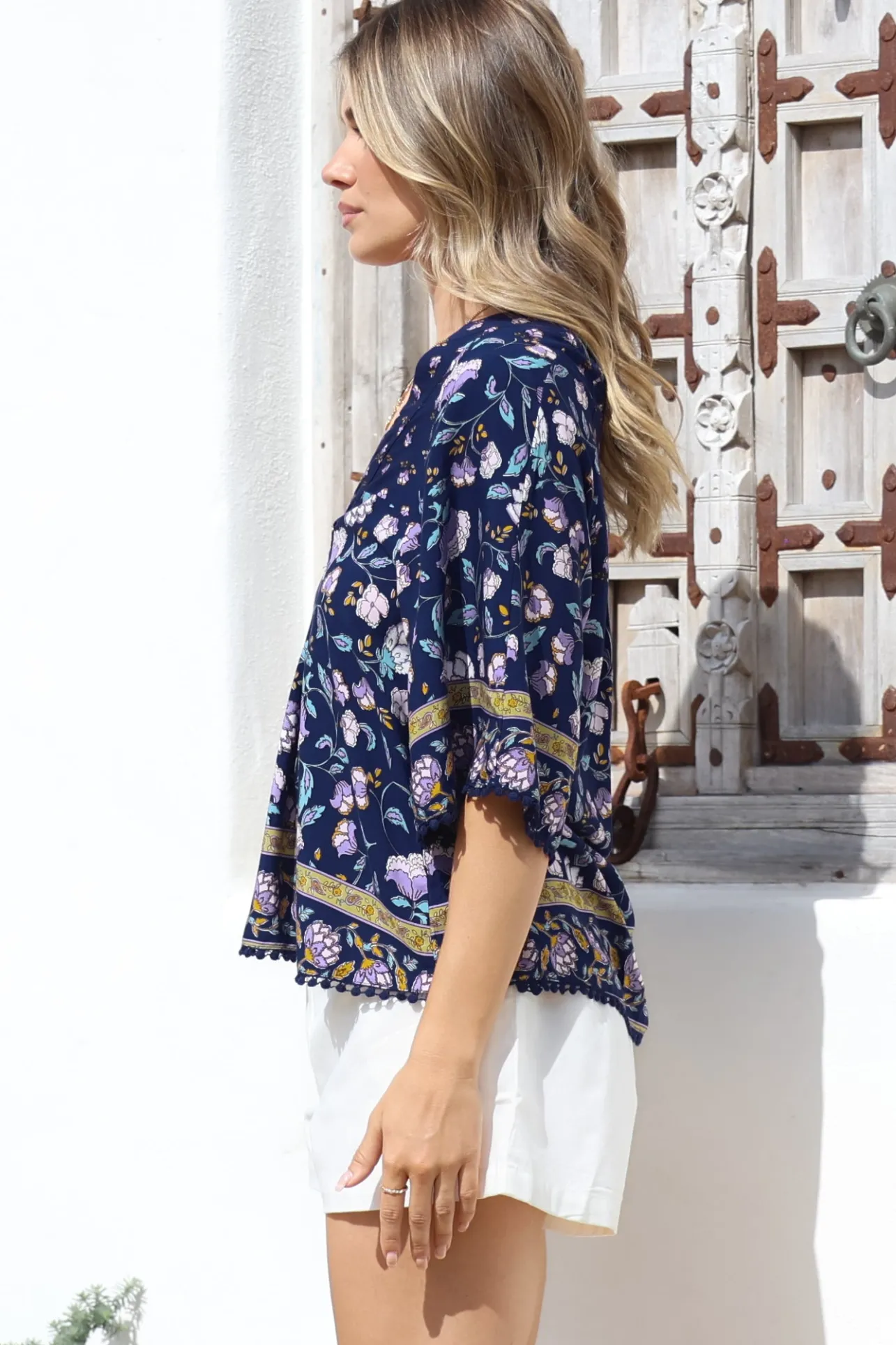 Gabriella Top - Mandarin Collar Deep V Neck Crochet Trim Top in Wild Indigo Print>Jaase