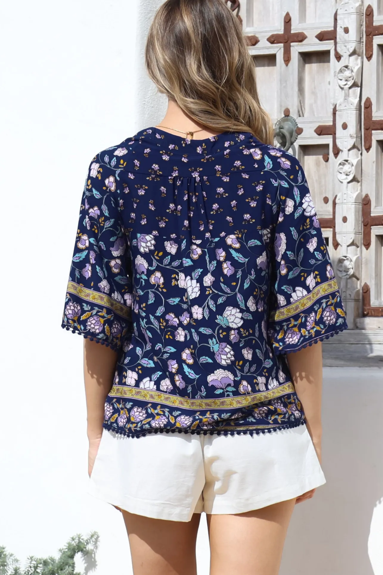 Gabriella Top - Mandarin Collar Deep V Neck Crochet Trim Top in Wild Indigo Print>Jaase