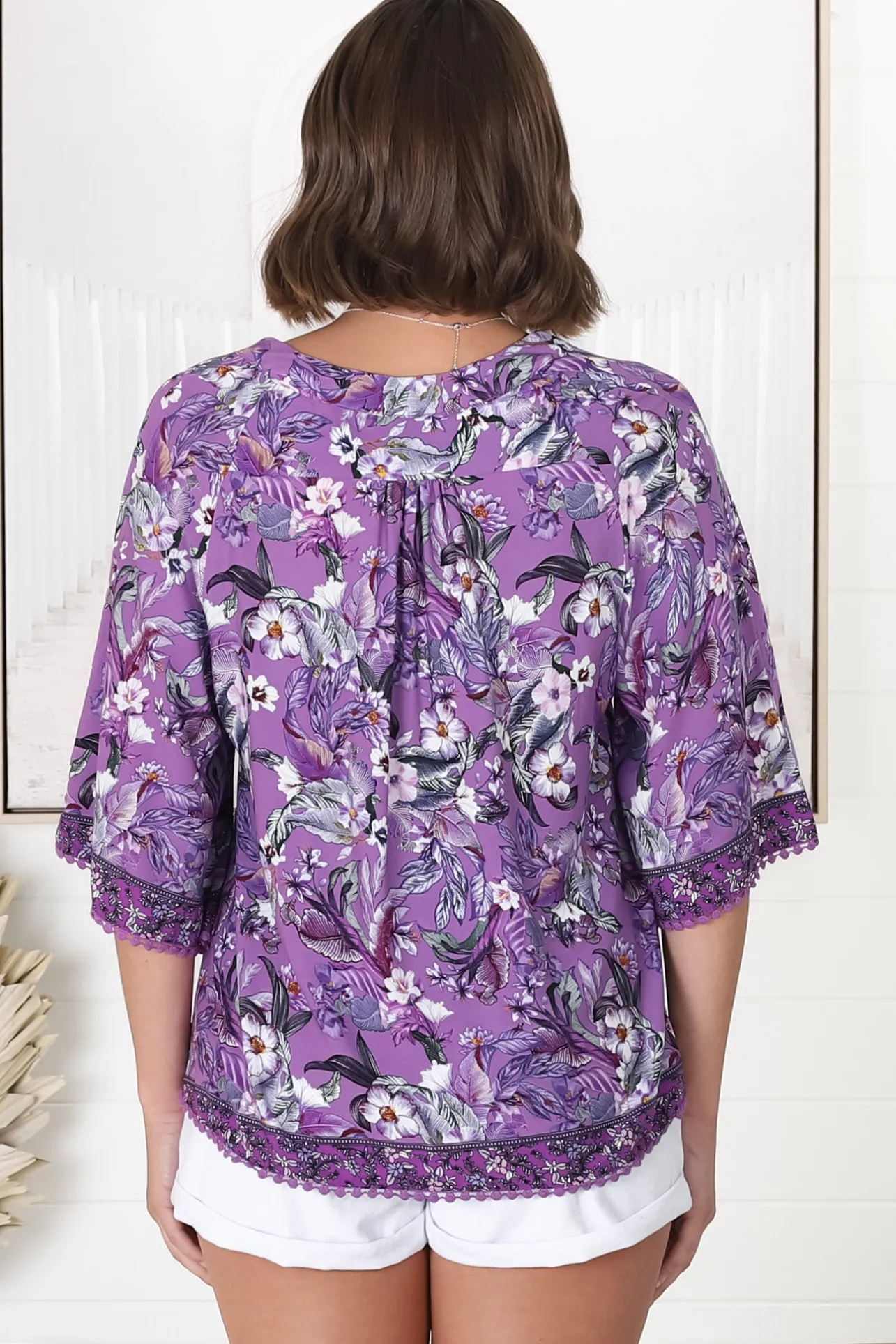 Gabriella Top - Mandarin Collar Deep V Neck Crochet Trim Top in Rhodium Print>Jaase Online