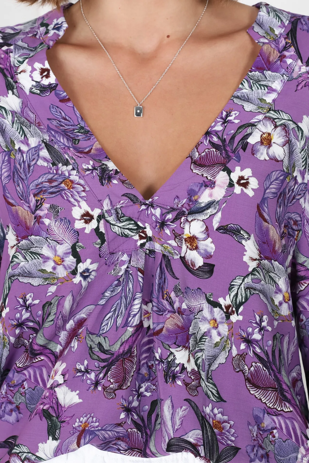Gabriella Top - Mandarin Collar Deep V Neck Crochet Trim Top in Rhodium Print>Jaase Online