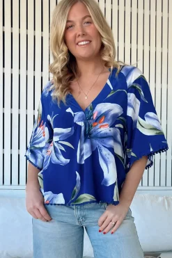 Gabriella Top - Mandarin Collar Deep V Neck Crochet Trim Top in Asteria Print>Jaase Hot