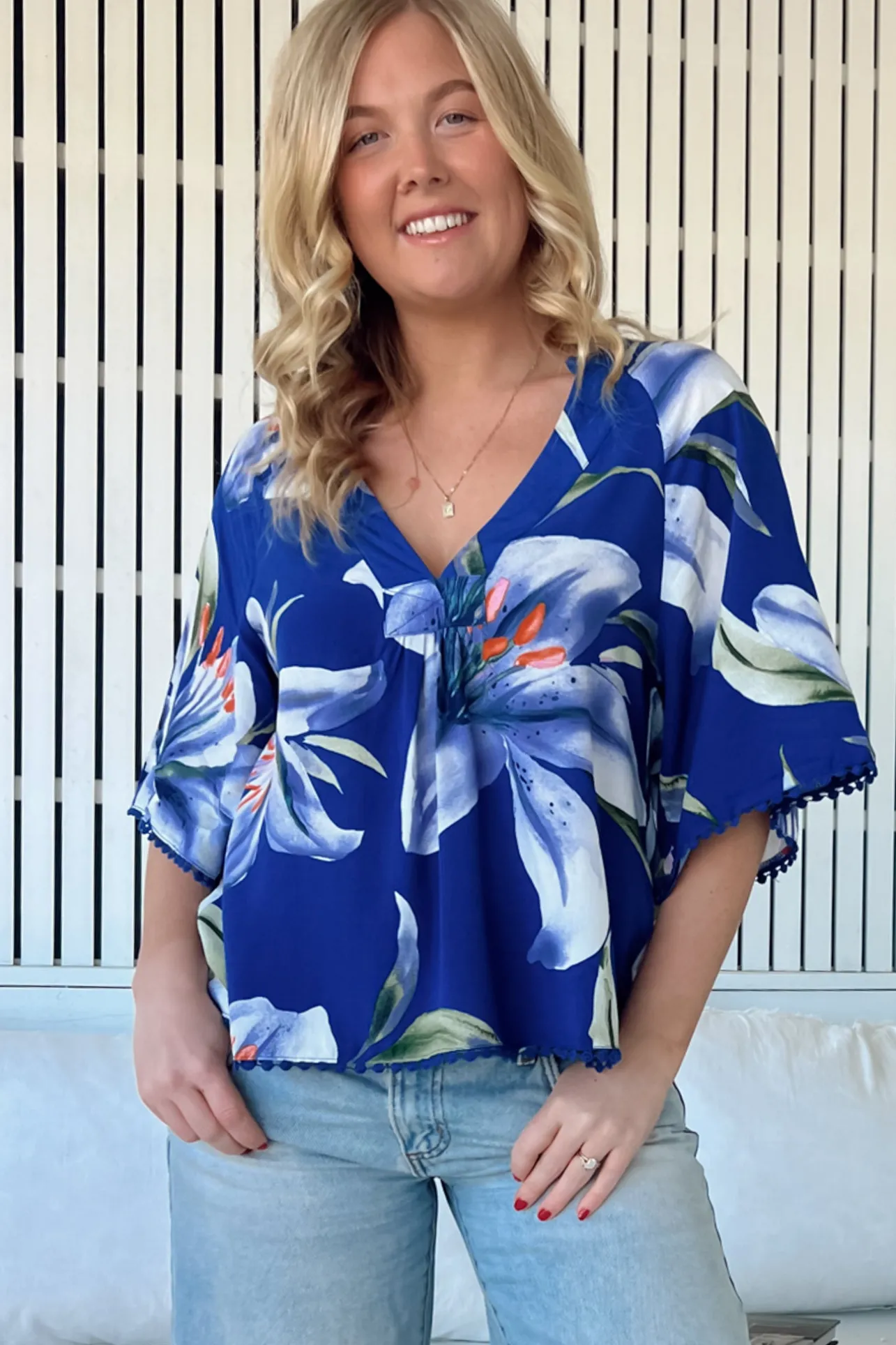 Gabriella Top - Mandarin Collar Deep V Neck Crochet Trim Top in Asteria Print>Jaase Hot