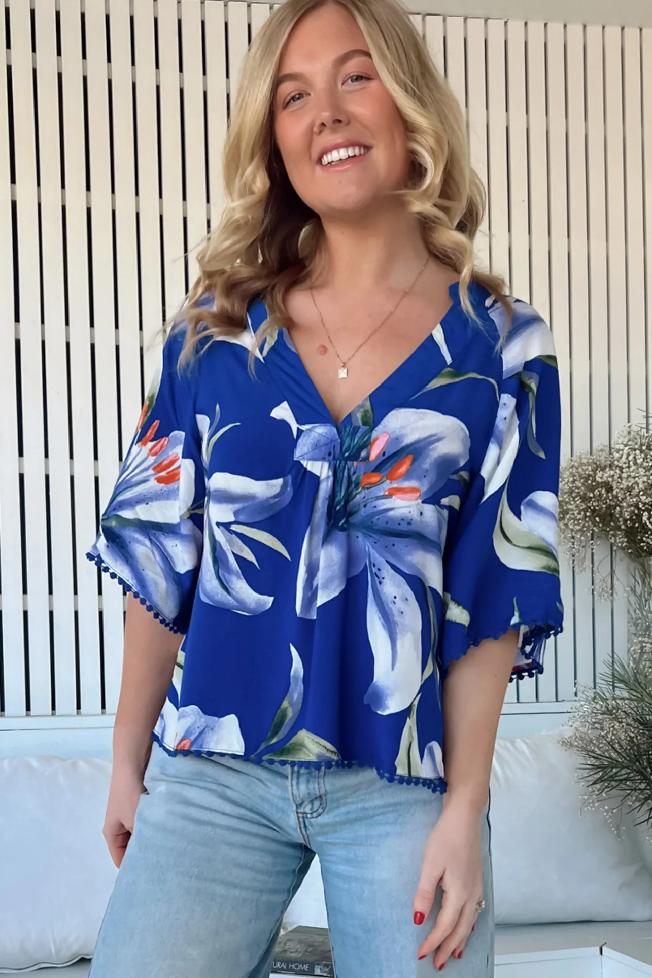 Gabriella Top - Mandarin Collar Deep V Neck Crochet Trim Top in Asteria Print>Jaase Hot