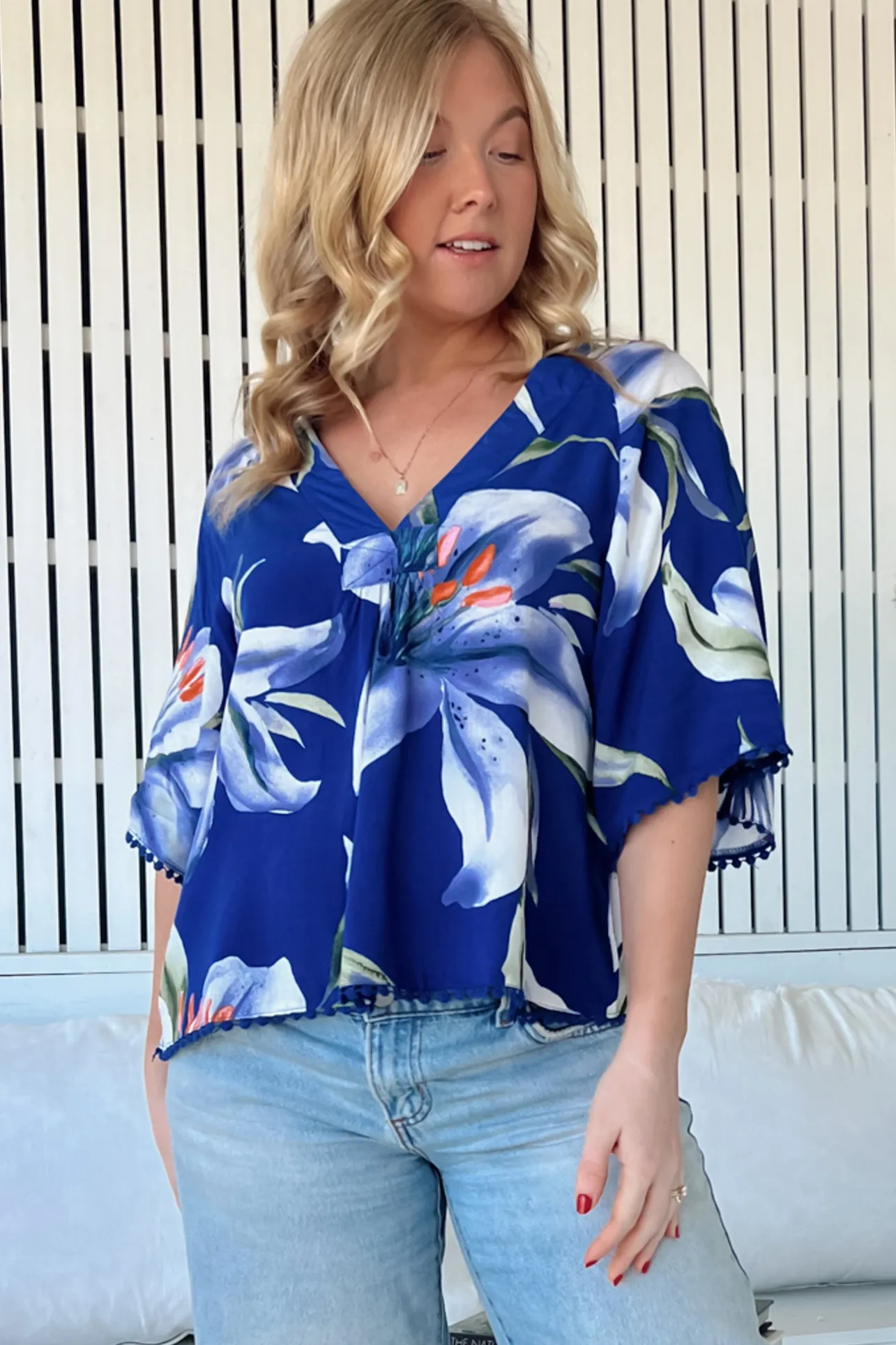 Gabriella Top - Mandarin Collar Deep V Neck Crochet Trim Top in Asteria Print>Jaase Hot