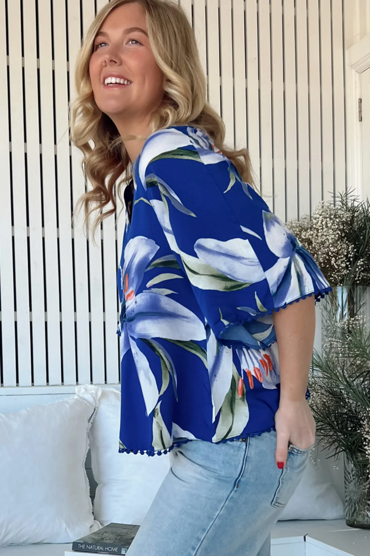 Gabriella Top - Mandarin Collar Deep V Neck Crochet Trim Top in Asteria Print>Jaase Hot