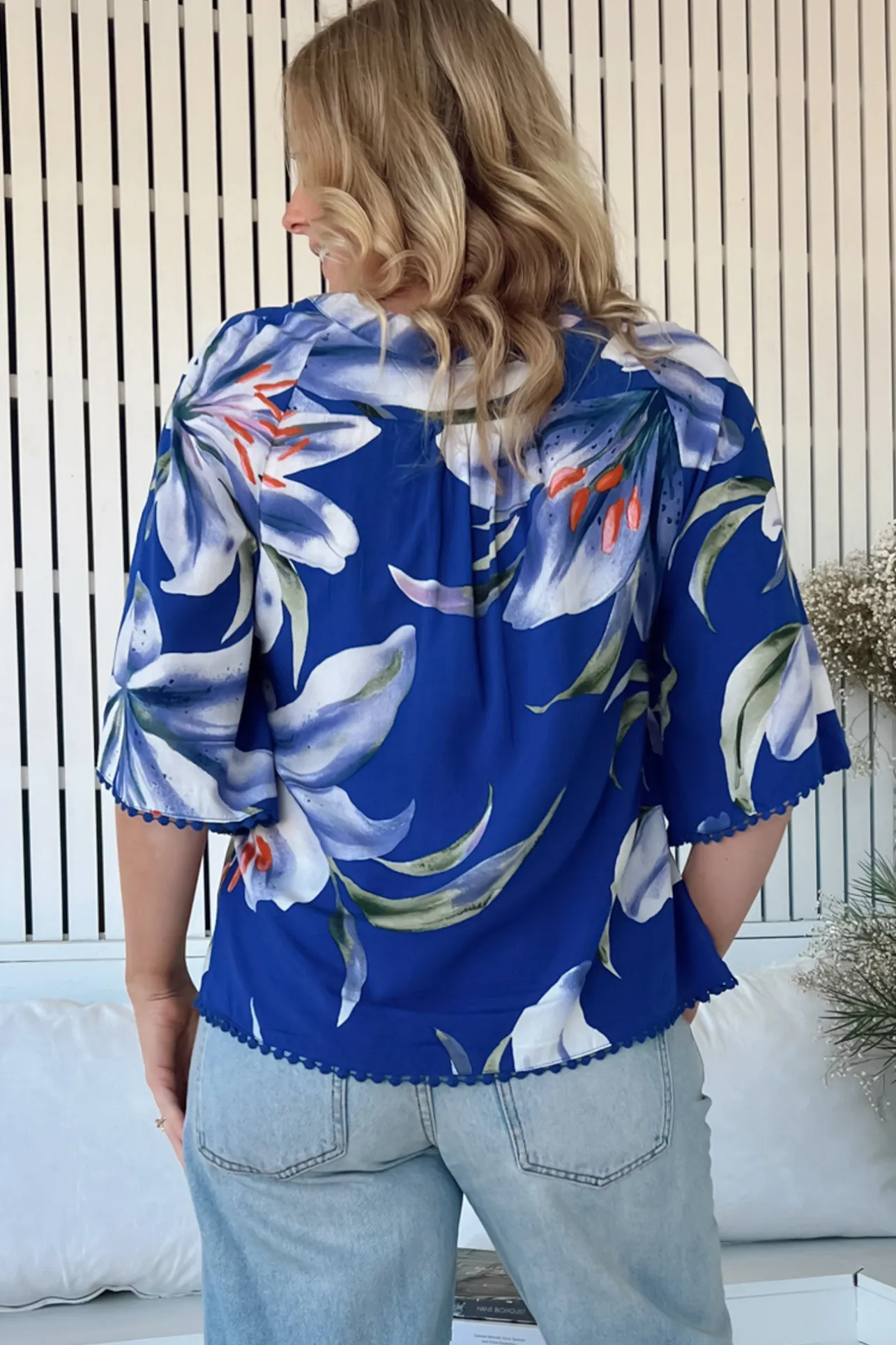 Gabriella Top - Mandarin Collar Deep V Neck Crochet Trim Top in Asteria Print>Jaase Hot