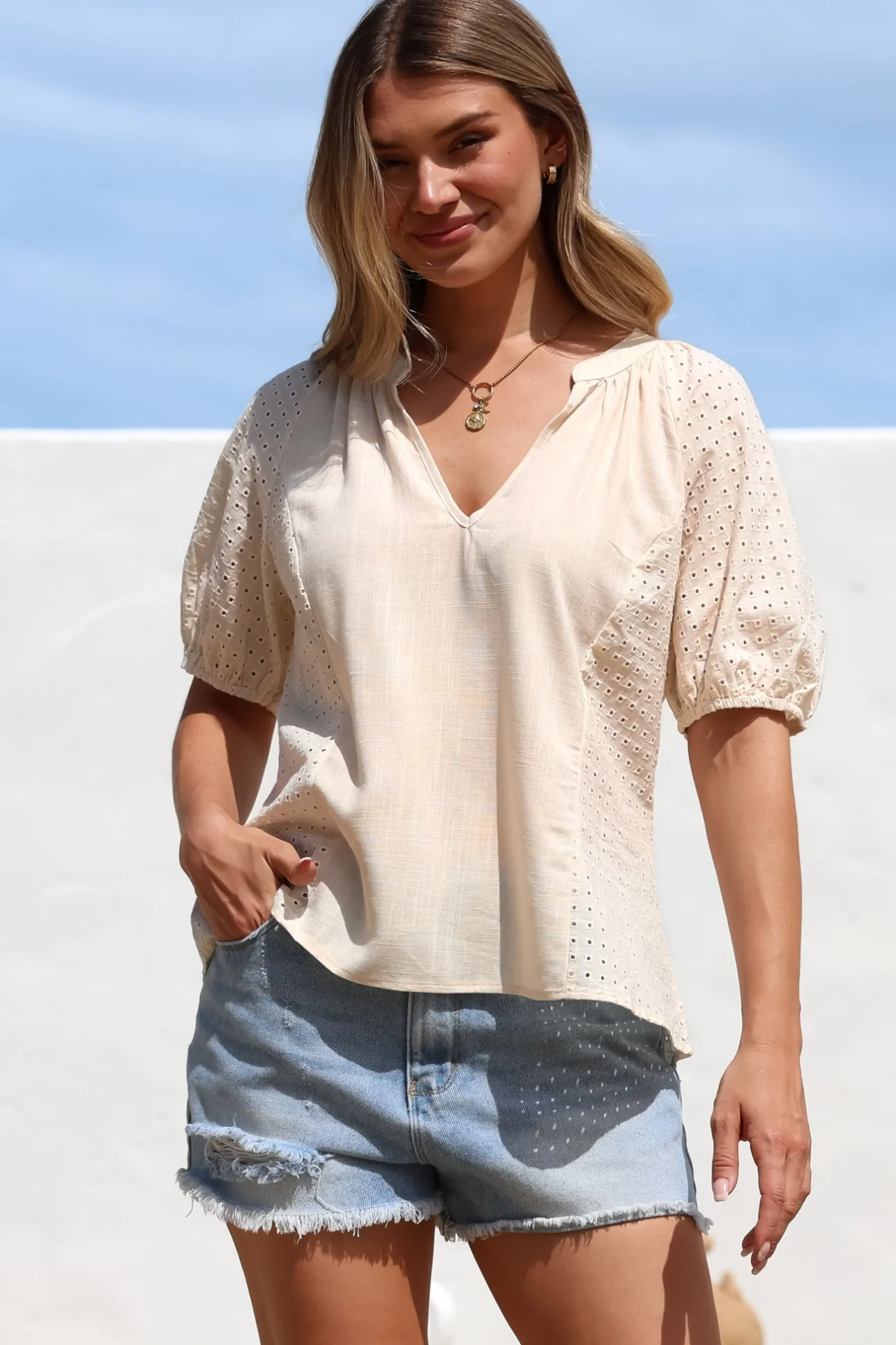 Geneva Top - Mandarin Neck Relaxed Top with Cut Out Detailing in Cream>Salty Crush Online