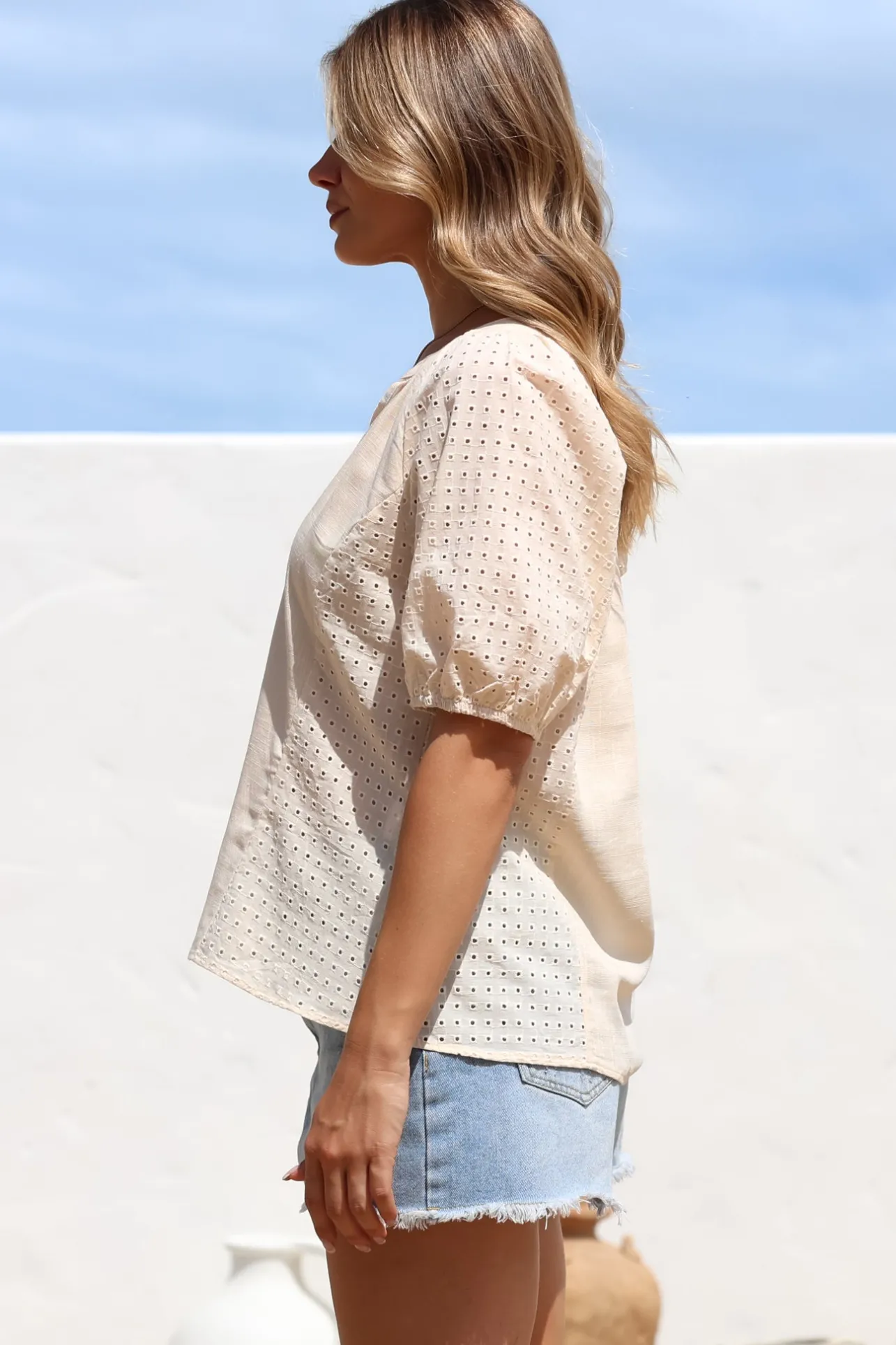 Geneva Top - Mandarin Neck Relaxed Top with Cut Out Detailing in Cream>Salty Crush Online