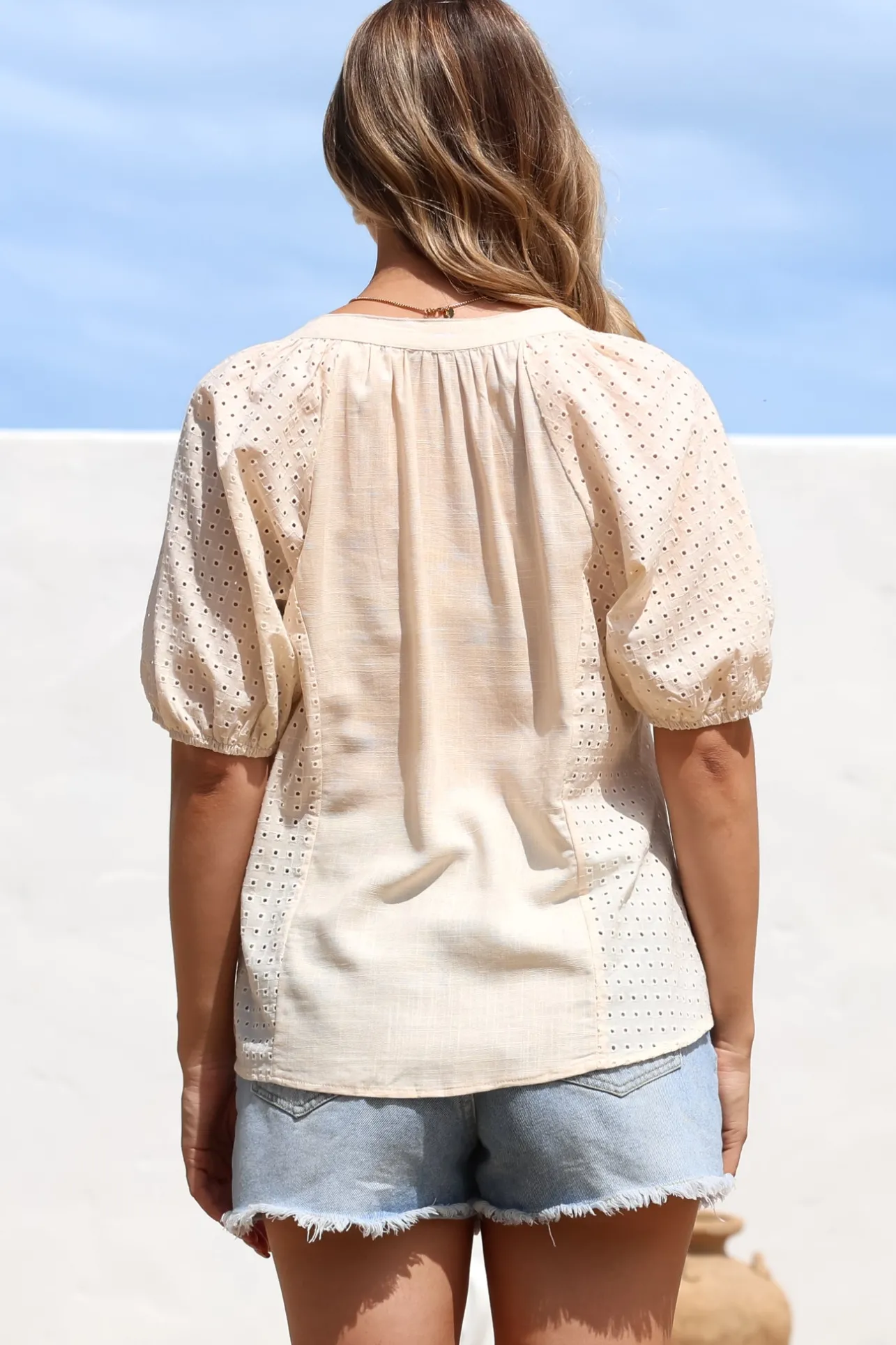 Geneva Top - Mandarin Neck Relaxed Top with Cut Out Detailing in Cream>Salty Crush Online