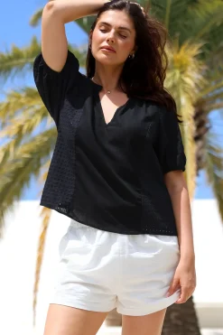 Geneva Top - Mandarin Neck Relaxed Top with Cut Out Detailing in Black>Salty Crush New