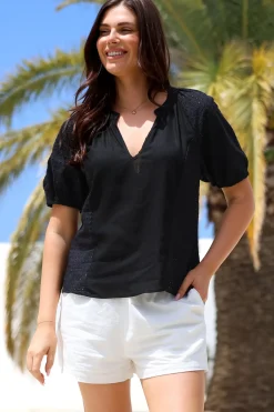 Geneva Top - Mandarin Neck Relaxed Top with Cut Out Detailing in Black><noscript><img width=
