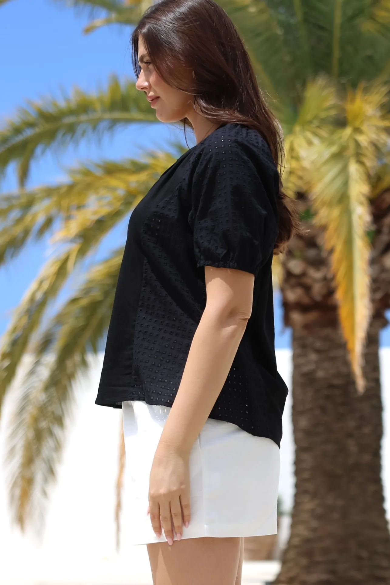 Geneva Top - Mandarin Neck Relaxed Top with Cut Out Detailing in Black>Salty Crush New