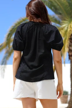 Geneva Top - Mandarin Neck Relaxed Top with Cut Out Detailing in Black><noscript><img width=