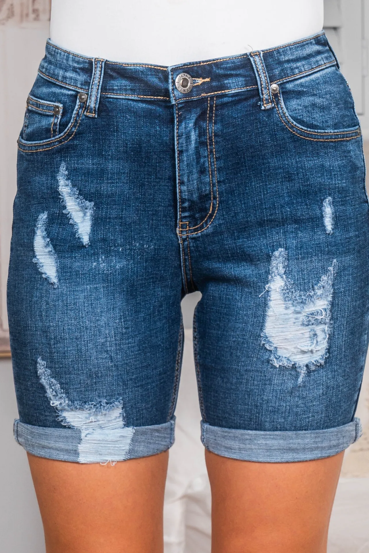 Georgia Distressed Detail Long Denim Shorts in Dark Denim>Salty Crush New
