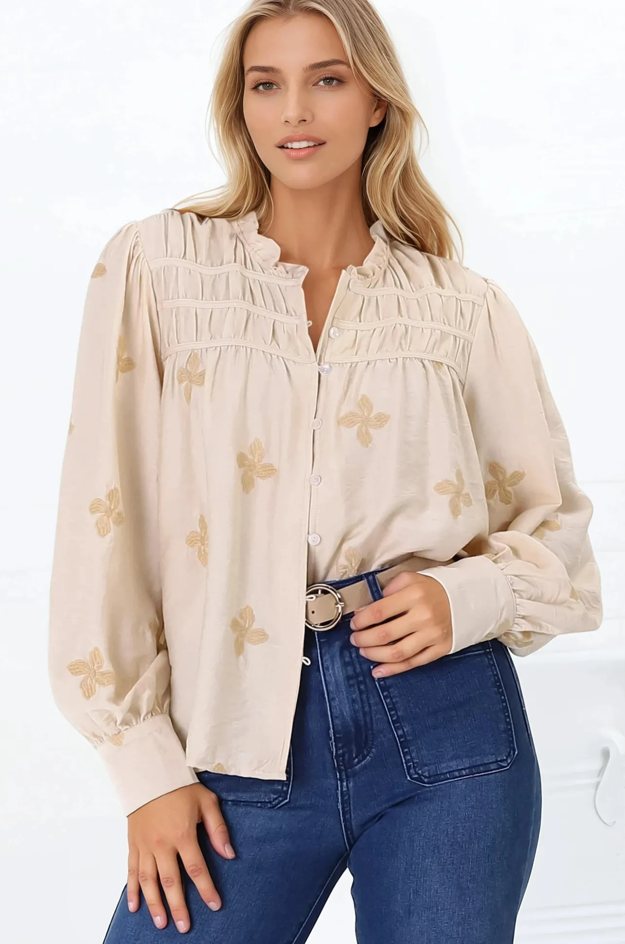 Gigi Blouse - Floral Embroidery Frill Collar Button Down Blouse in Beige>Salty Crush Online