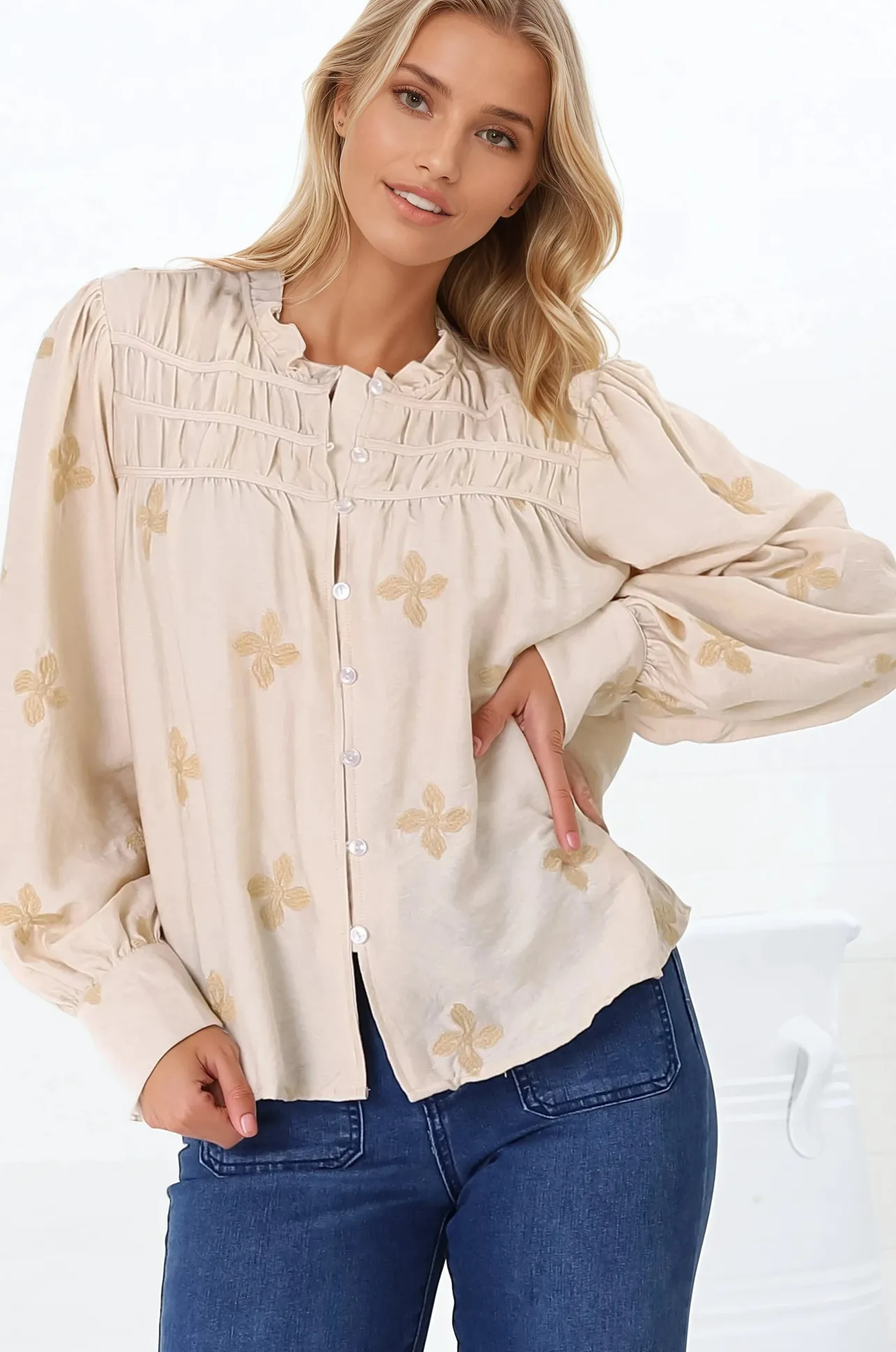Gigi Blouse - Floral Embroidery Frill Collar Button Down Blouse in Beige>Salty Crush Online