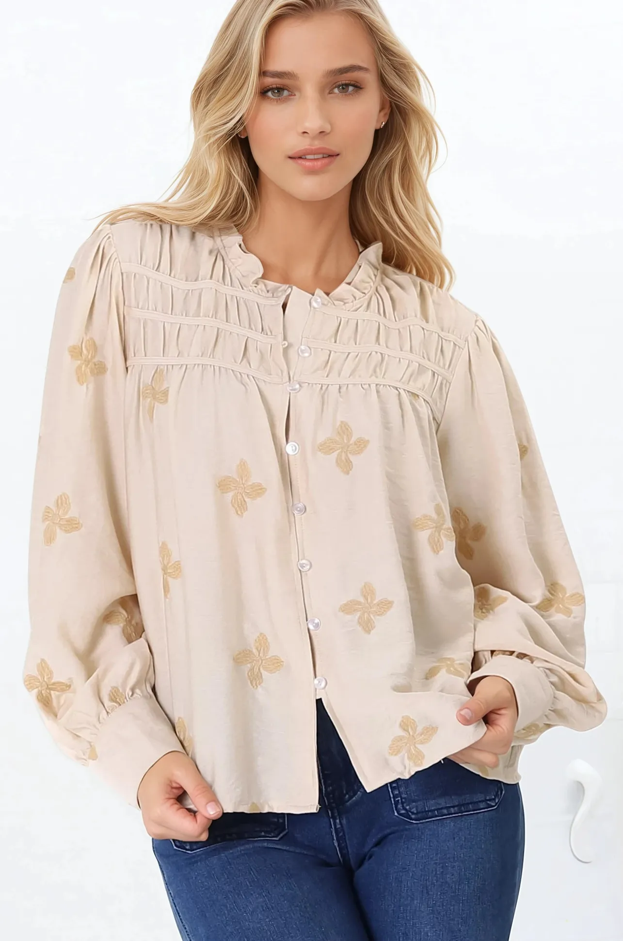 Gigi Blouse - Floral Embroidery Frill Collar Button Down Blouse in Beige>Salty Crush Online