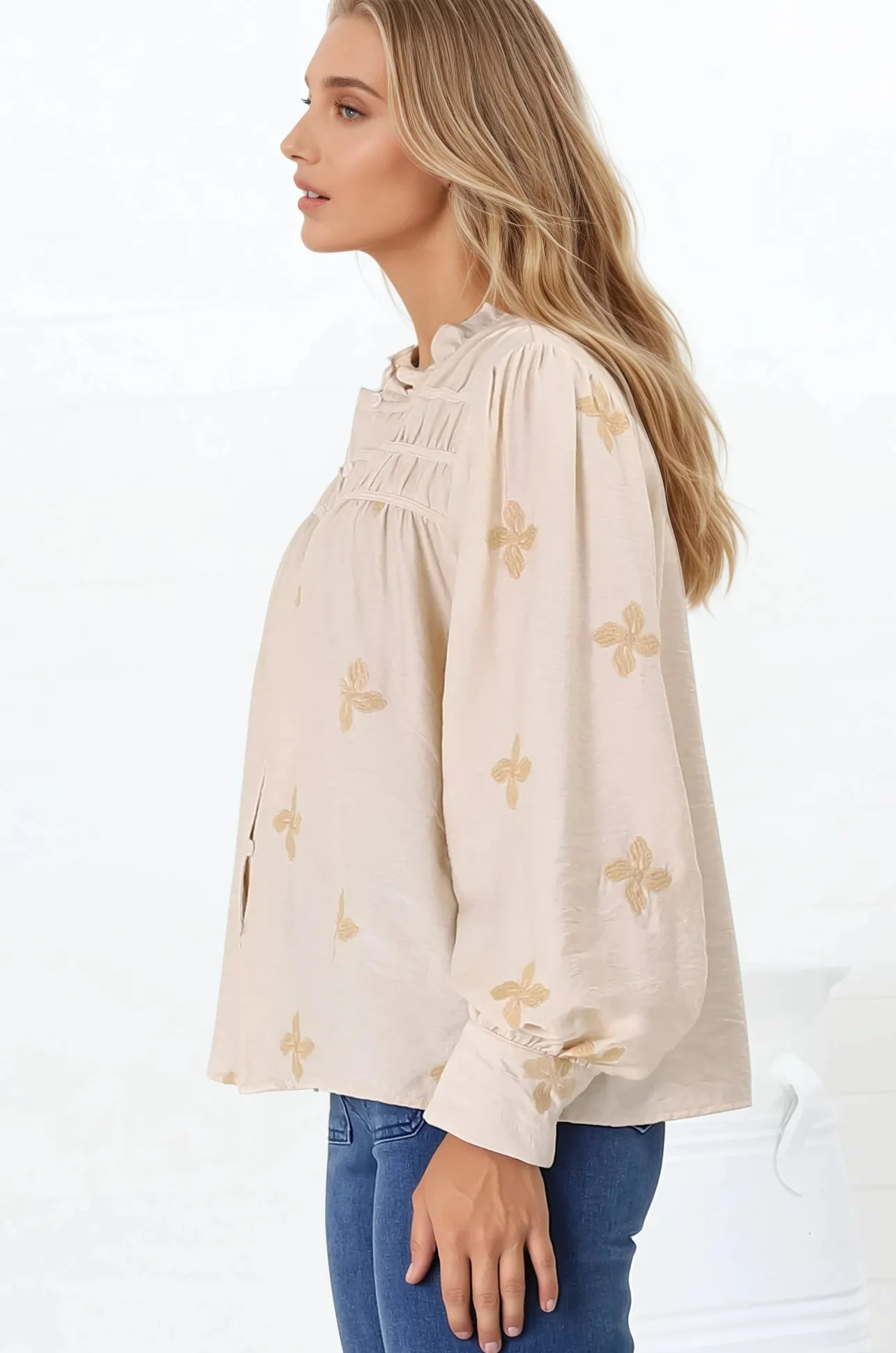 Gigi Blouse - Floral Embroidery Frill Collar Button Down Blouse in Beige>Salty Crush Online