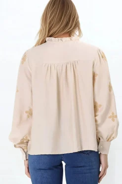 Gigi Blouse - Floral Embroidery Frill Collar Button Down Blouse in Beige><noscript><img width=