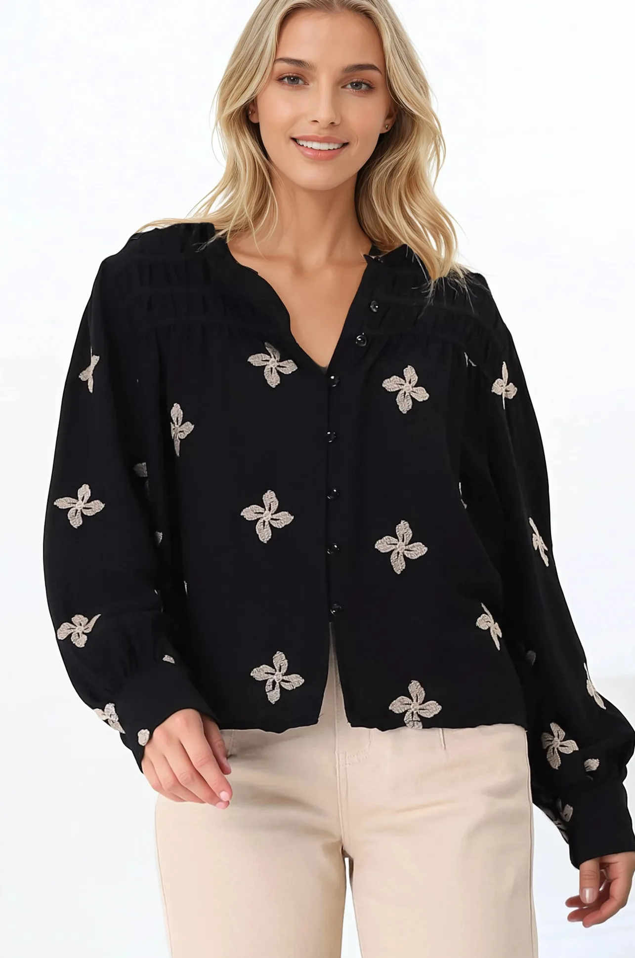 Gigi Blouse - Floral Embroidery Frill Collar Button Down Blouse in Black>Salty Crush Online