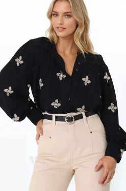 Gigi Blouse - Floral Embroidery Frill Collar Button Down Blouse in Black>Salty Crush Online