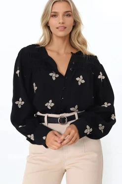 Gigi Blouse - Floral Embroidery Frill Collar Button Down Blouse in Black><noscript><img width=