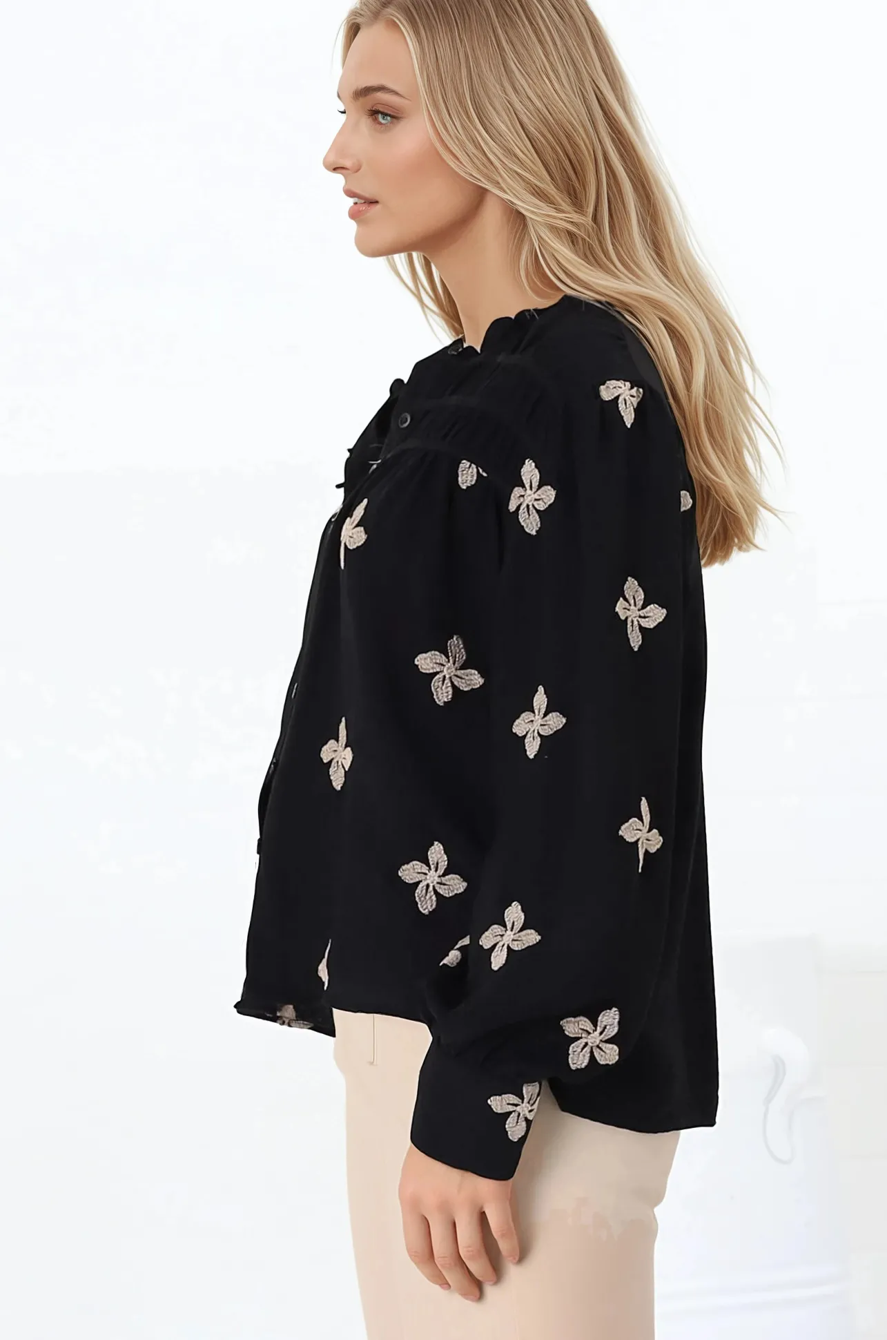 Gigi Blouse - Floral Embroidery Frill Collar Button Down Blouse in Black>Salty Crush Online