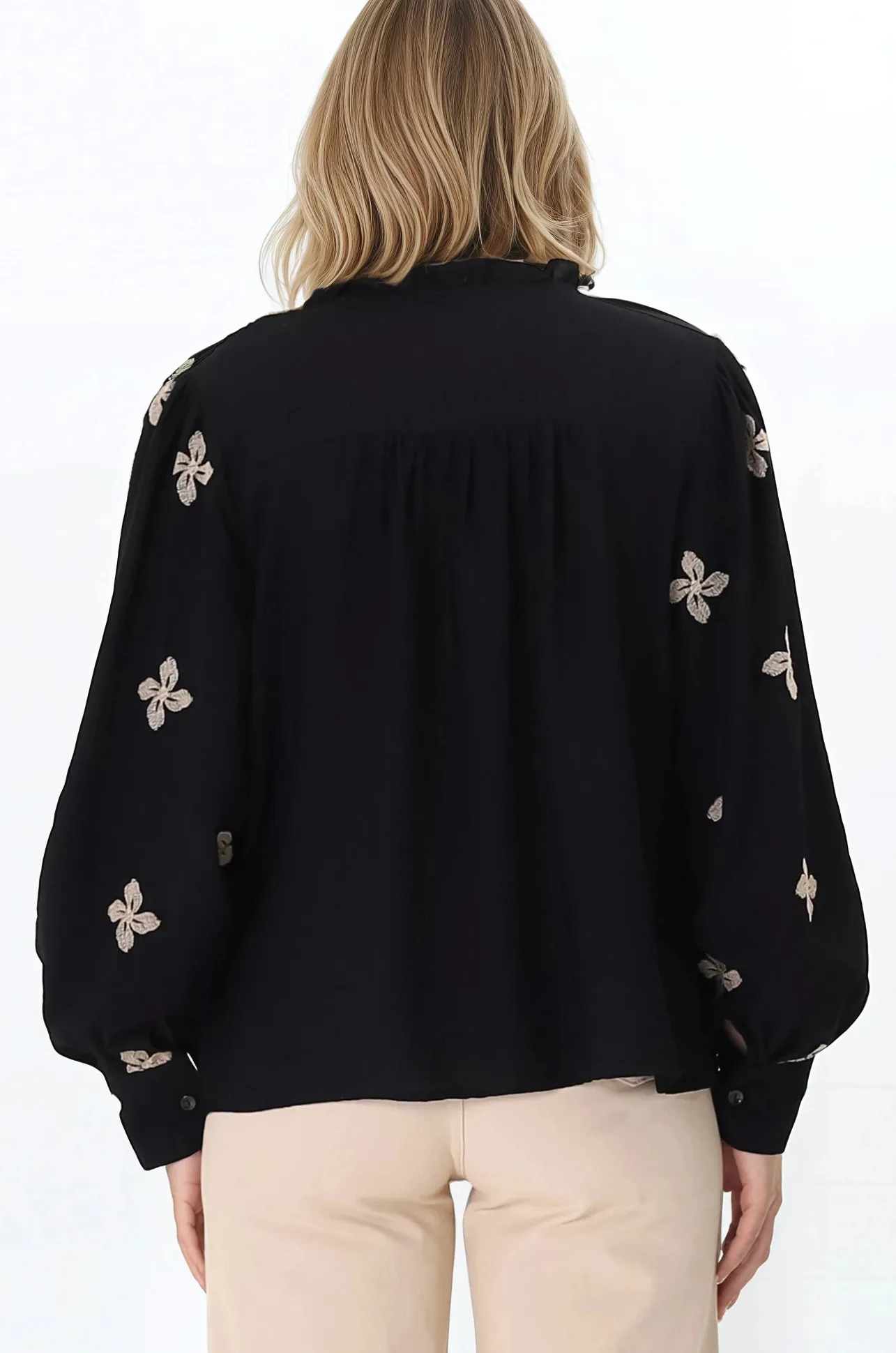 Gigi Blouse - Floral Embroidery Frill Collar Button Down Blouse in Black>Salty Crush Online